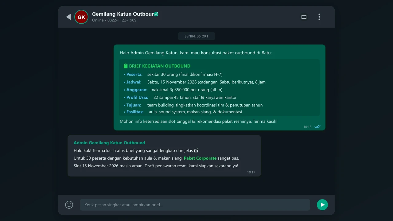 Contoh pesan WhatsApp brief kegiatan outbound untuk admin provider