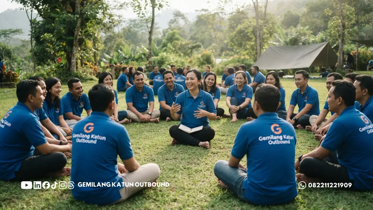 Fasilitator memimpin sesi refleksi kelompok setelah aktivitas outbound