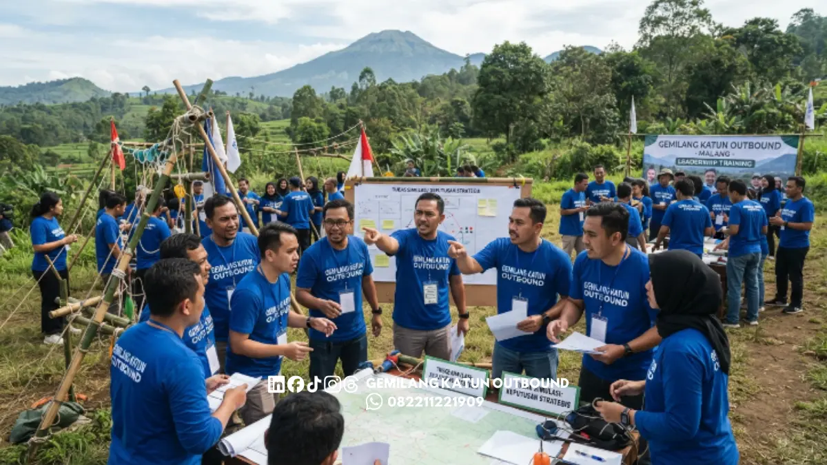 Peserta outbound leadership Malang menjalankan simulasi pengambilan keputusan cepat