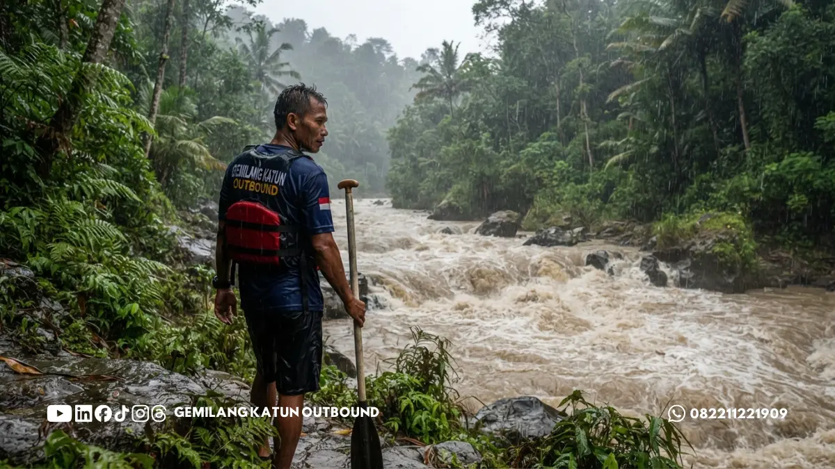 Kondisi sungai saat musim hujan yang dipantau pemandu rafting