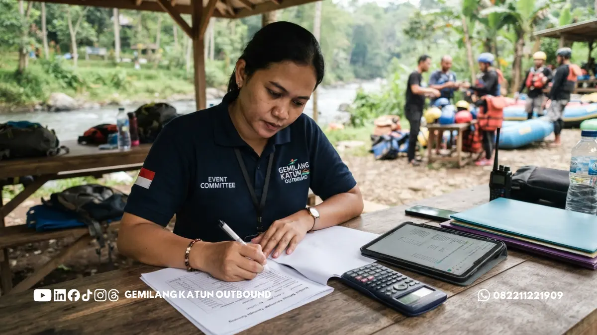 Panitia menghitung anggaran rafting rombongan dari penawaran provider