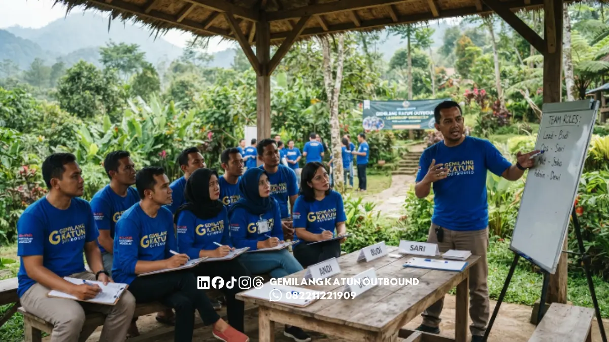 Peserta menjalankan simulasi pengambilan keputusan dalam team building leadership